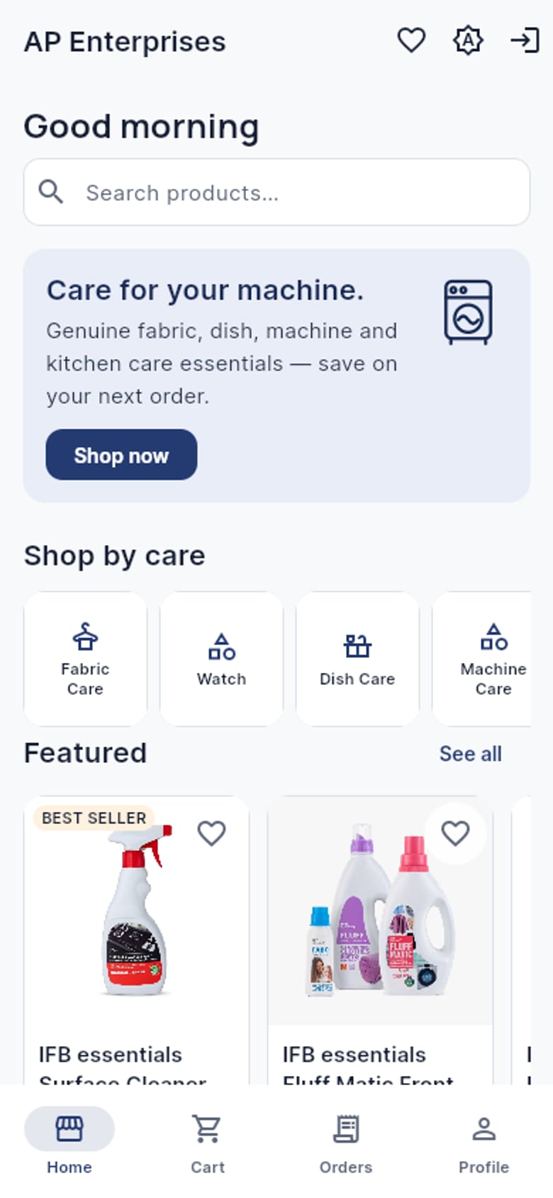 AP Enterprises mobile app home screen with bottom navigation