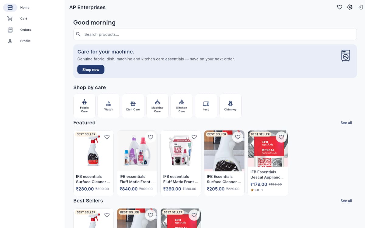 AP Enterprises storefront homepage on Flutter Web