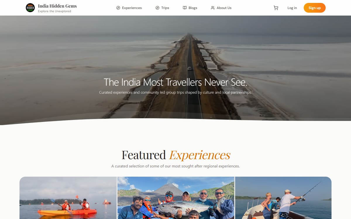 India Hidden Gems homepage hero, featuring curated travel experiences and trips