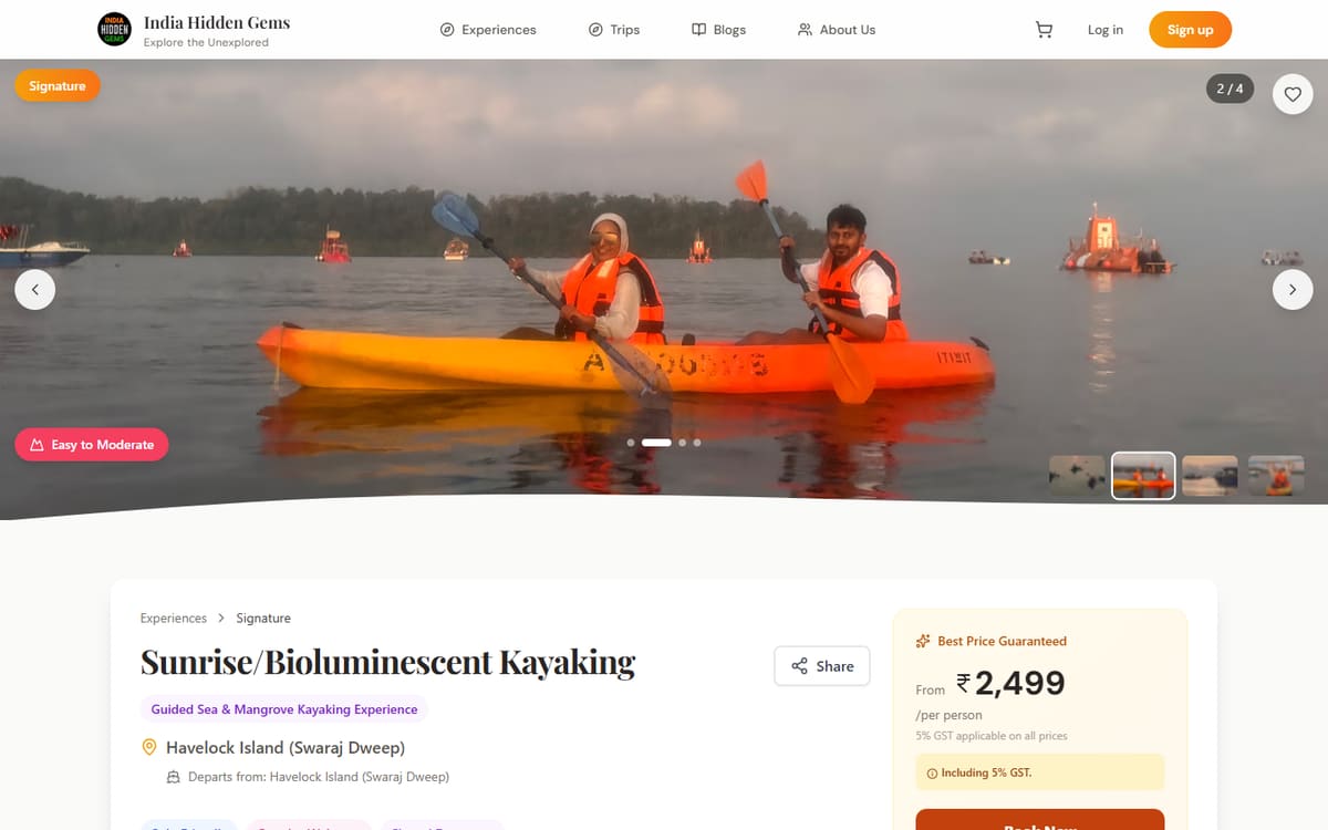 India Hidden Gems experience detail page for a sunrise kayaking trip